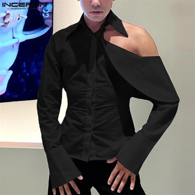 Mens Solid Color Collar Long Sleeve Hollow Street Clothing Mens Clothing Ruffle Fashion Casual Camisas S-5XL INCERUN 241115