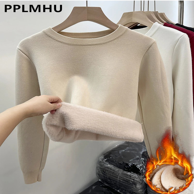 Womens O-neck Plus Velvet Thick Sweater Winter Ultra Thin Warm Long Sleeve Knitted Top Casual Plush Lining Soft Pulling 241113