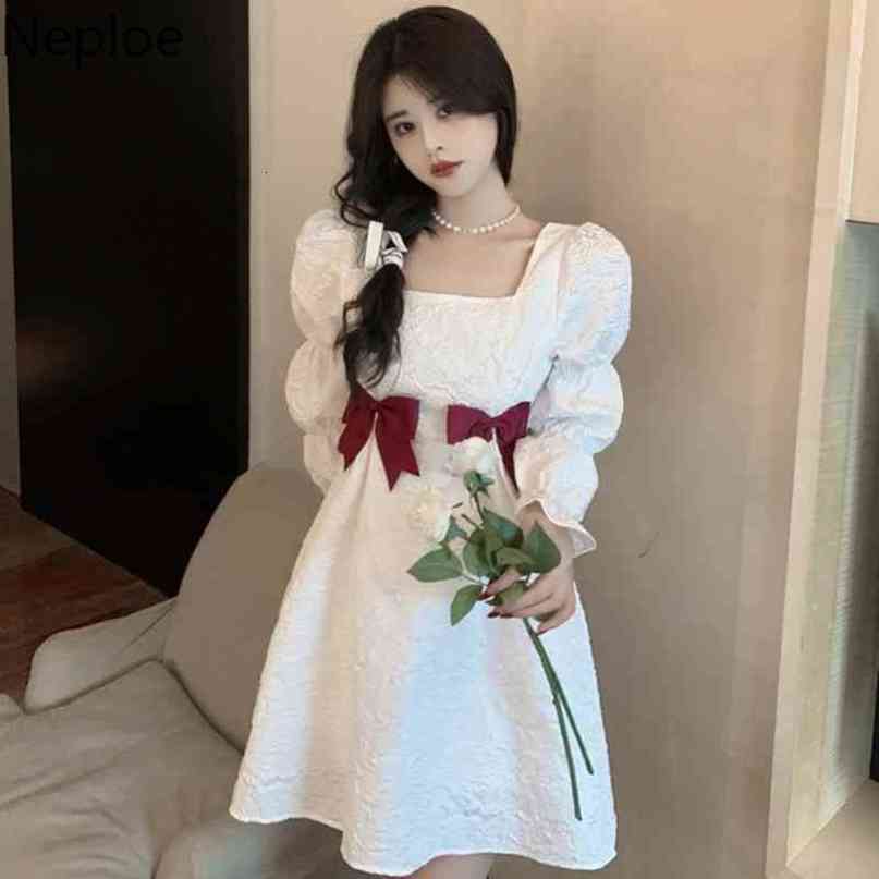 Neploe Fashion Woman Dress Chic Bow Slim Princess Dress Korean White Vestidos Mujer Square Collar Puff Sleeve Sweet Robe 95373 210422