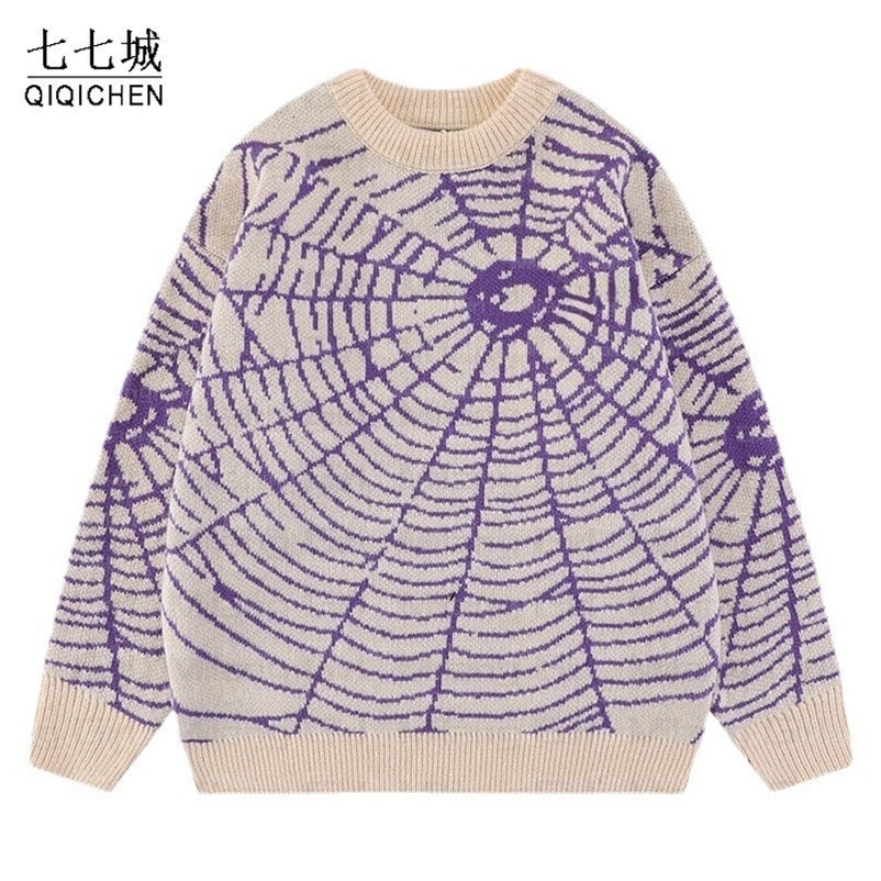 Men's Sweaters Mens Spider Web Knitted Sweaters Unisex Street Harajuku Wool Jumper Unisex Y2k Hip Hop Retro Casual College Pullover Autumn 230808
