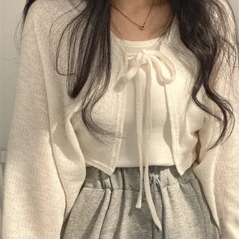 Women's Knits Tees Thin White Cardigan Women Summer Sunscreen Lace-up Knitwear Tops Lady Korean Style Casual Lantern Sleeve Short Sun Protected T