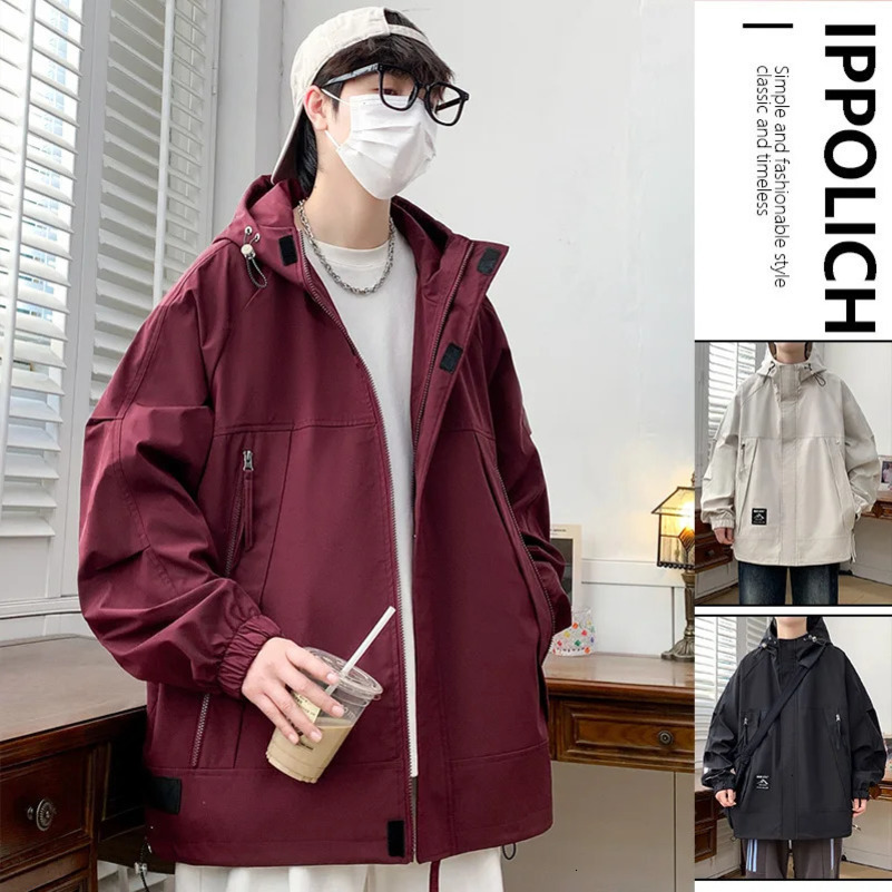 Mens jacket Korean style loose casual work jacket fashionable street student jacket outdoor waterproof solid color fashionable mens jacket 250415