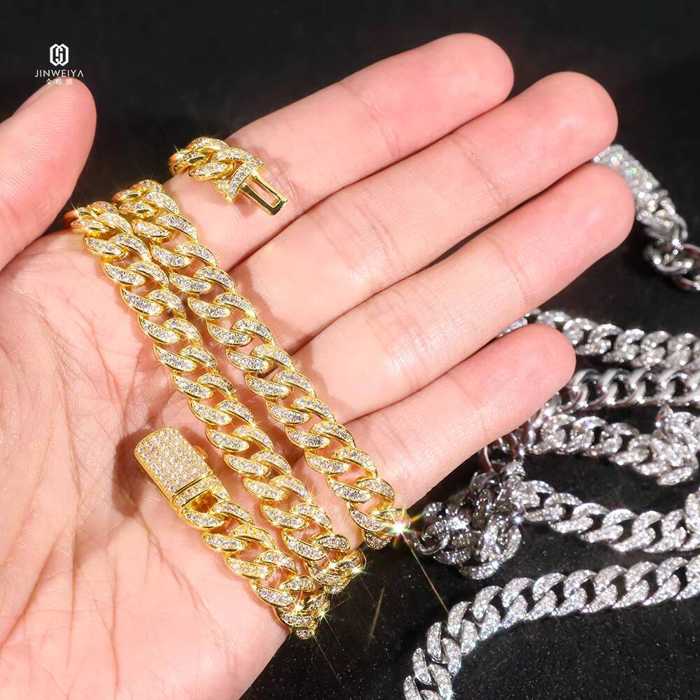 VVS Diamond 925 Sterling Silver Bracelet Necklace 13mm Moissanite Gold Plated Cuban Link Chain Elegant Jewelry