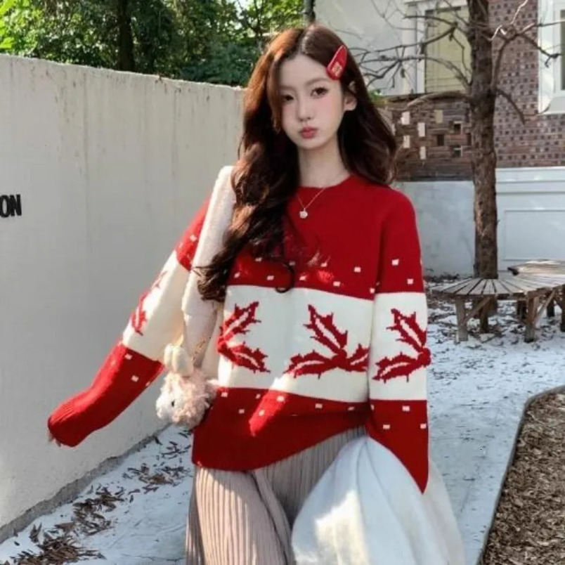 Christmas Red O-neck Knitted Floral Womens Autumn and Winter Fashion Jacquard Long Sleeve Sweater Sweet Full Match Knitted Top 241113