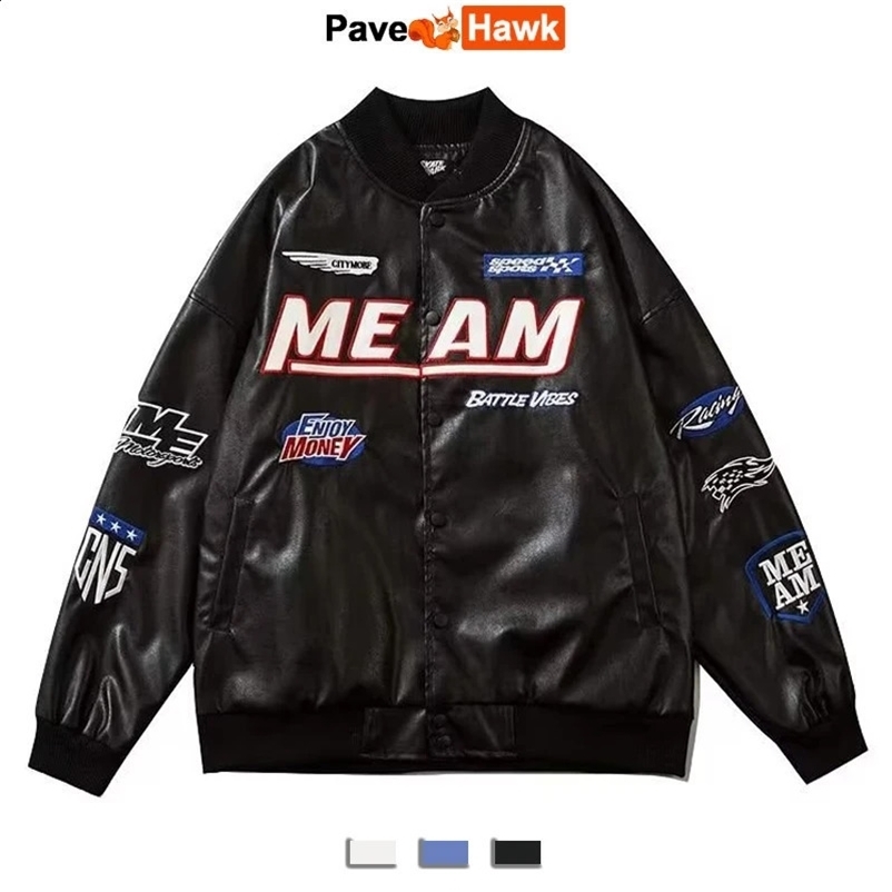 Bomber Leather Jacket Men Women Y2k Vintage Varsity PU Jackets Racing Hip Hop Oversize Letter Baseball Outwear Autumn Street 240809