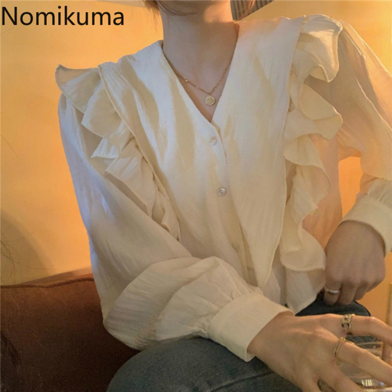 Nomikuma V-neck Ruffle Patchwork Blouse Tops Causal Long Sleeve Women Shirts Spring New Sweet Blusas Feminimos 6E067 210427