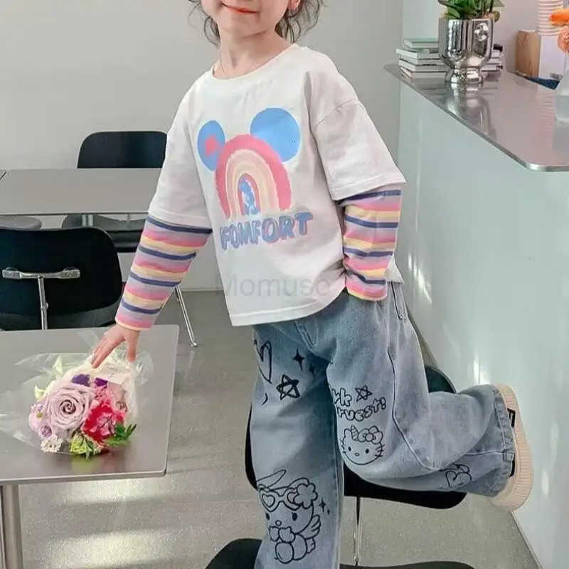 Sanrio Hello Kitty Jeans Straight Pants WideLeg Girl Children Spring Fall Kawaii Anime Cartoon Fashion New Hot Casual Clothing L250925