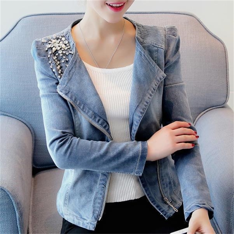 Women Denim Jackets Casual Slim Pearl Bead zipper Jeans Coat Female 201126