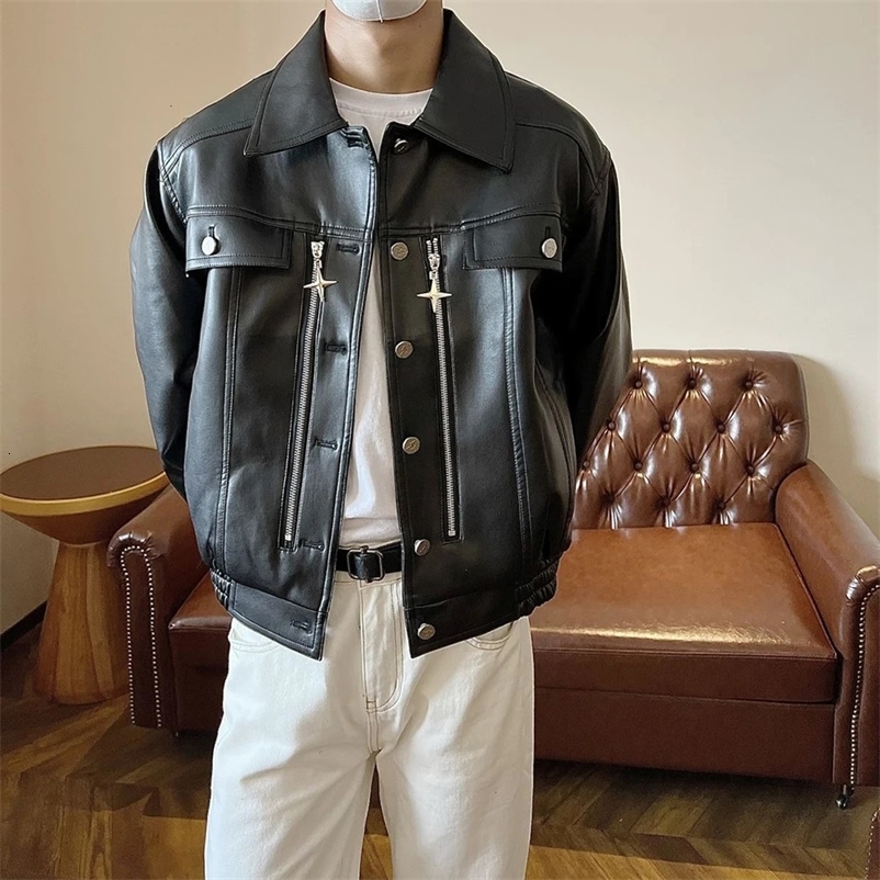 Mens Y2k Biker Metal Zipper Decorated Pu Leather Jacket Genderless Autumn Winter Fashion Street Retro Loose Casual Jacket Unisex 240703