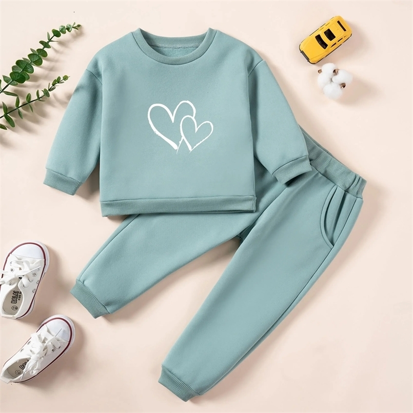 Winter Childrens Warm Big Heart Printed Plush Lining Comfortable Top And Pants 2Pcs Boys And Girls Daily Home Sports Set 250314