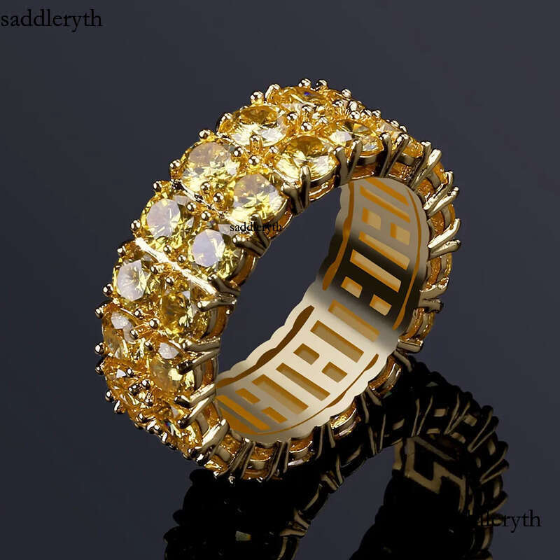 Design Color Mens Ring Micro Pave 2 Row Chain Big 3A Gold Zircon Shiny Hip Hop Finger Rings For Men Women Jewelry 3b 79 ee