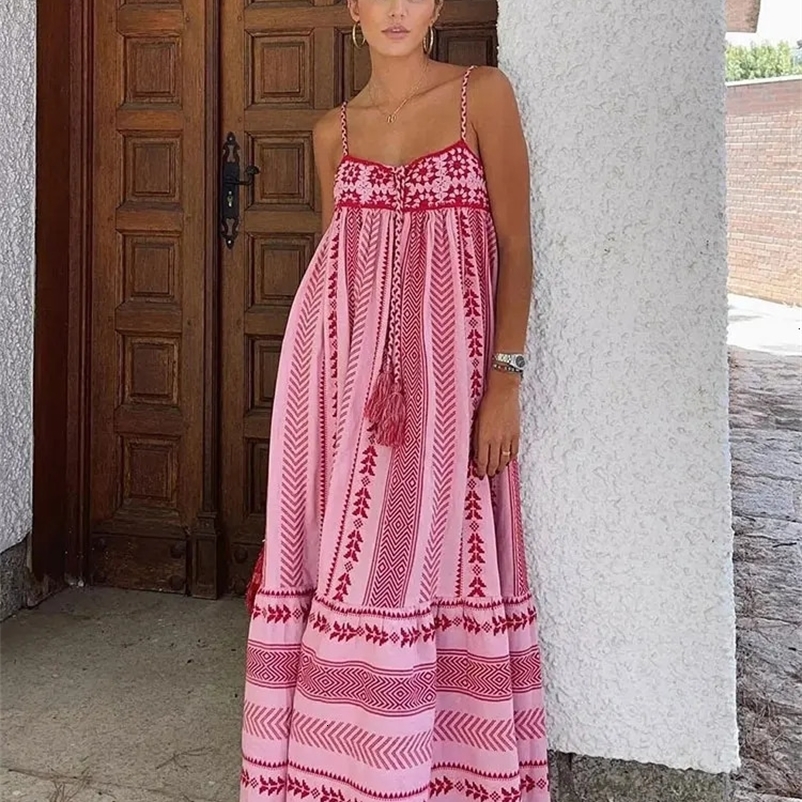 Nlzgmsj TRAF - Women Bohemian Midi Dress Vacation Charm Splice Knitted Vintage Strap Dress Women Vestidos Mujer 240319