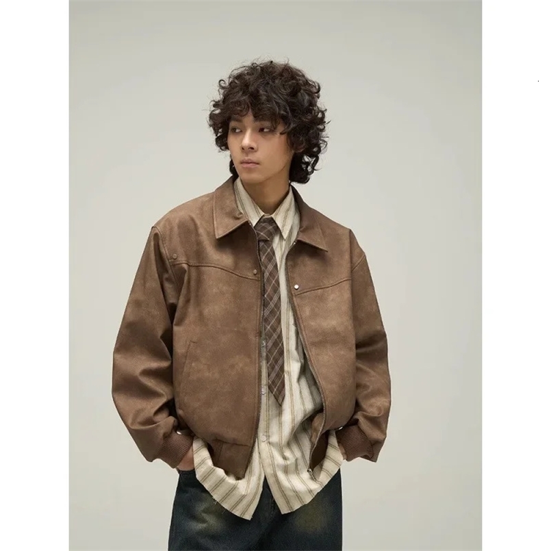 Spring Autumn Style American Vintage Distressed Brown Leather Jacket For Men High End Feel Clean Fit Jacket 250109