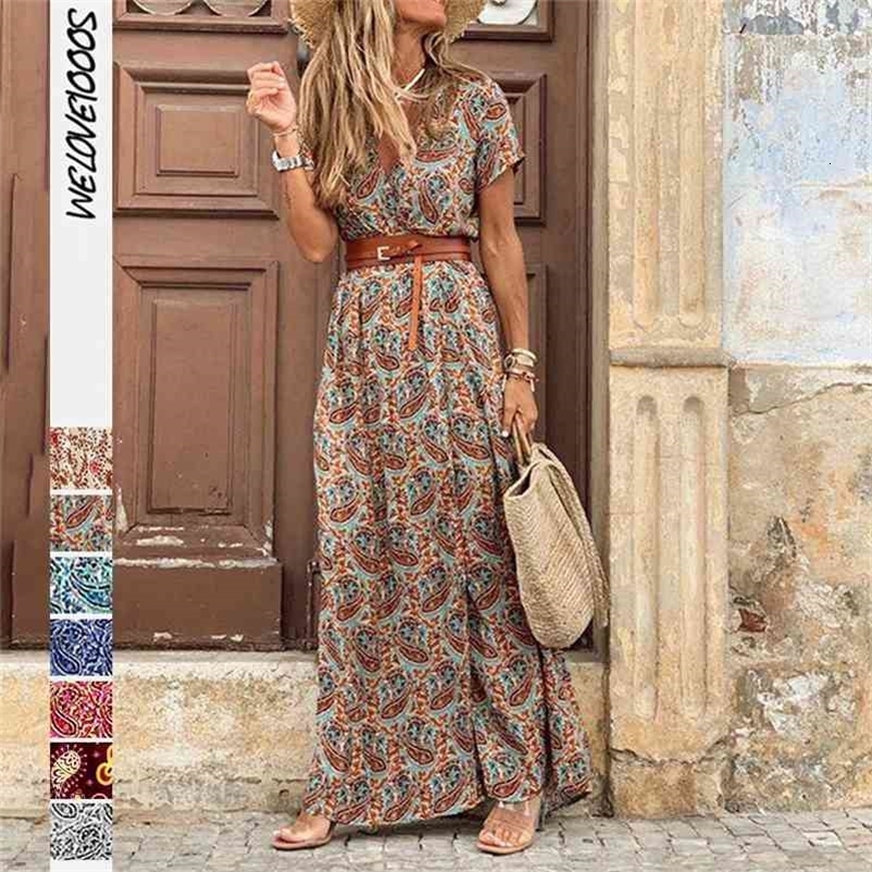 Summer Boho Long Dress Women Casual 7 Colors Printed V Neck Tunic Party Dresses Female Elegant High Slit Beach Robe Dress 210630
