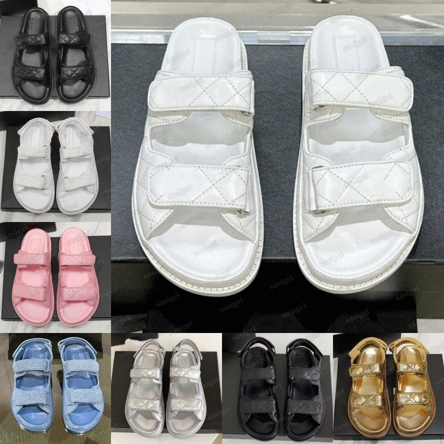 Designer Quilted Sandal Dad Sandals Tweed Womens Denim Sparkle Platform Women Black Leather Calf Summer Grandad White Circular Beach Buckle Strap