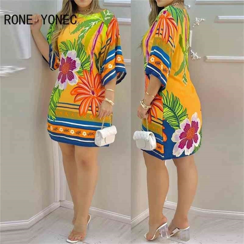Women Elegant Dress Tropical Print Half Sleeve Casual Dress Summer Dress 210630