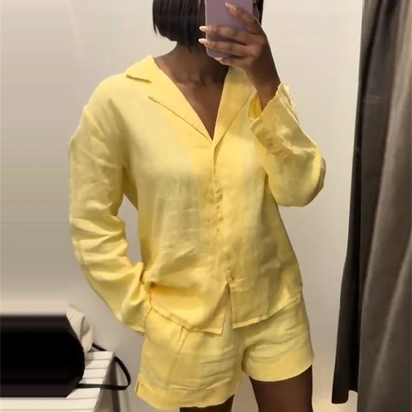 Casual cotton linen shirt set womens solid collar long sleeved single chest loose shorts summer office set 250422