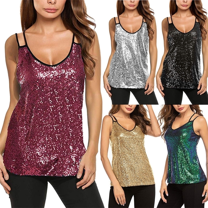 Camisoles Tanks Sexy Sequin Vest Top Women V Neck Sleeveless Solid Spaghetti Straps Tank Tops Shiny Clubwear Girls Tshirts Summer Vest Female 230327