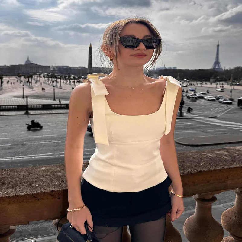 TRAFZA Summer Womens Street Solid Zipper Ultra Thin Top Womens Elegant and Sexy Sleeveless Bow Square Collar Strap Top 250415