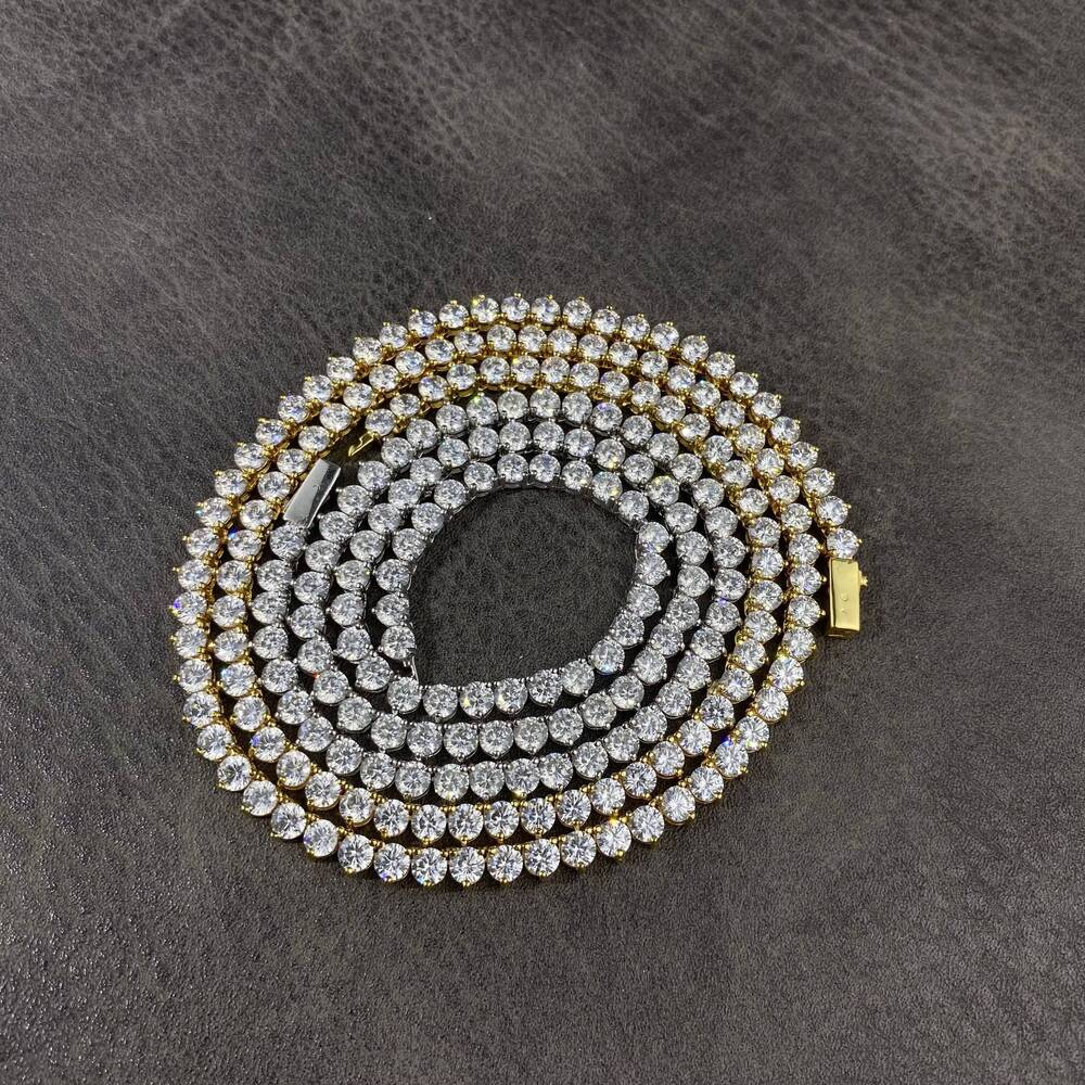 Hot Sell Hiphop Chain 4mm Setting CZ 3 Prong Tennis Chain Necklace Silver Color Yellow Moissanite Women Necklace