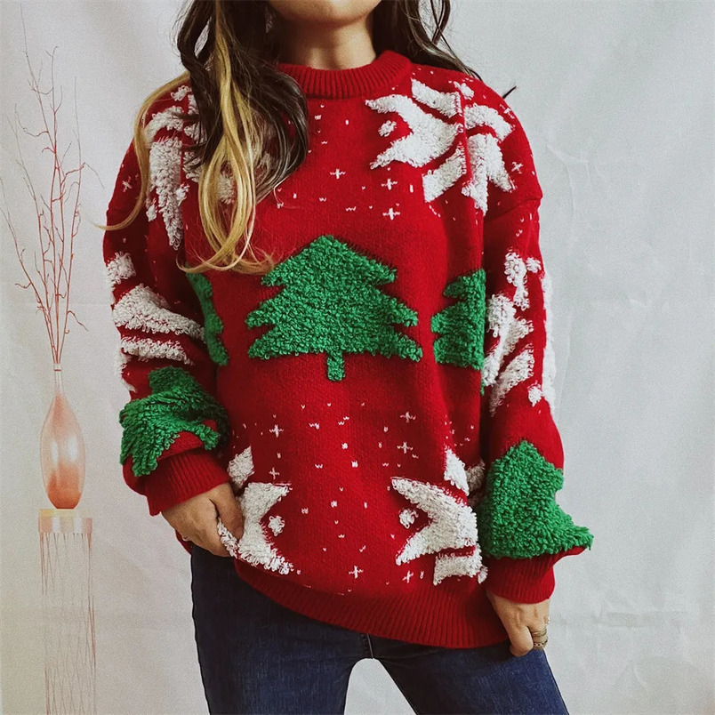 OMCHION Green Christmas Sweater Fashion Tree Embroidery Knitted Casual Loose Retro Womens Knitted Sweater 241113