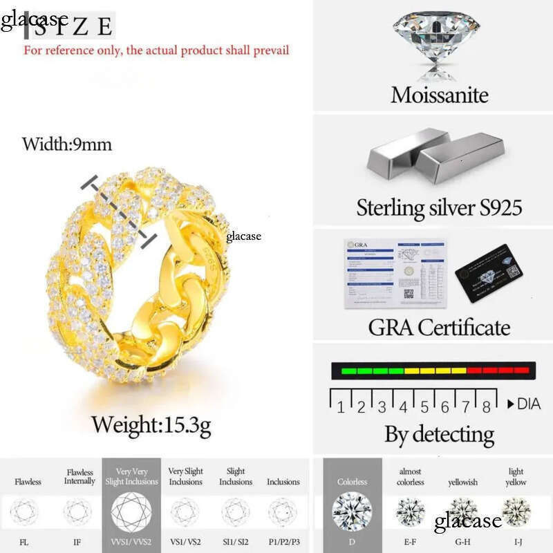 Bg Hip Hop Jewelry 9mm Gold Plated Sterg Sier Vvs Moissanite Dia Iced Out Cuban Band Ring for Men