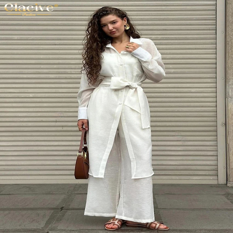 Clacive Fashion loose white 2-piece womens elegant long sleeved shirt high waist wide pants set womens clothing 250415
