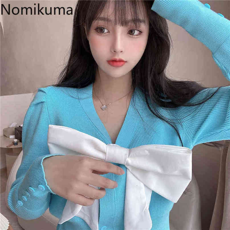 Nomikuma Korean V-neck Puff Long Sleeve Knitted Jacket Sweet Bowknot Women Sweater Cardigan Spring New Knitwear Coat 6E133 210427