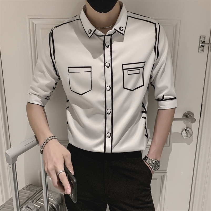 Men's Casual Shirts Fashion Graffiti Slim Fit Shirts Summer Men Half Sleeve Dress Streetwear / Fashion Striped Print Men Shirt Social Clothes 230