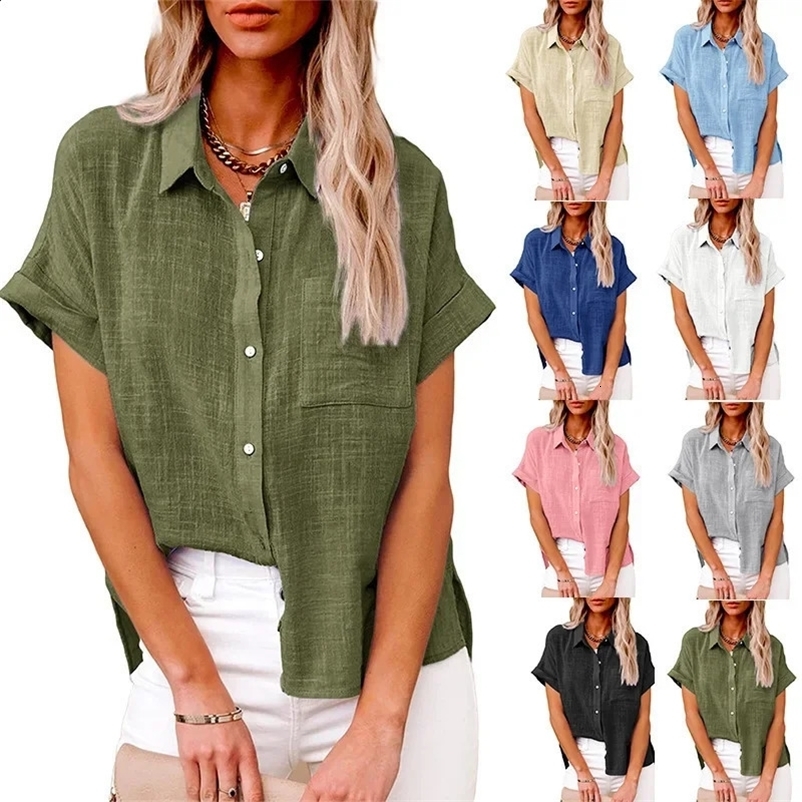 Womens T-shirt tops L-5XL plus size European and American summer tops cotton and linen pocket buttons short sleeved 250210