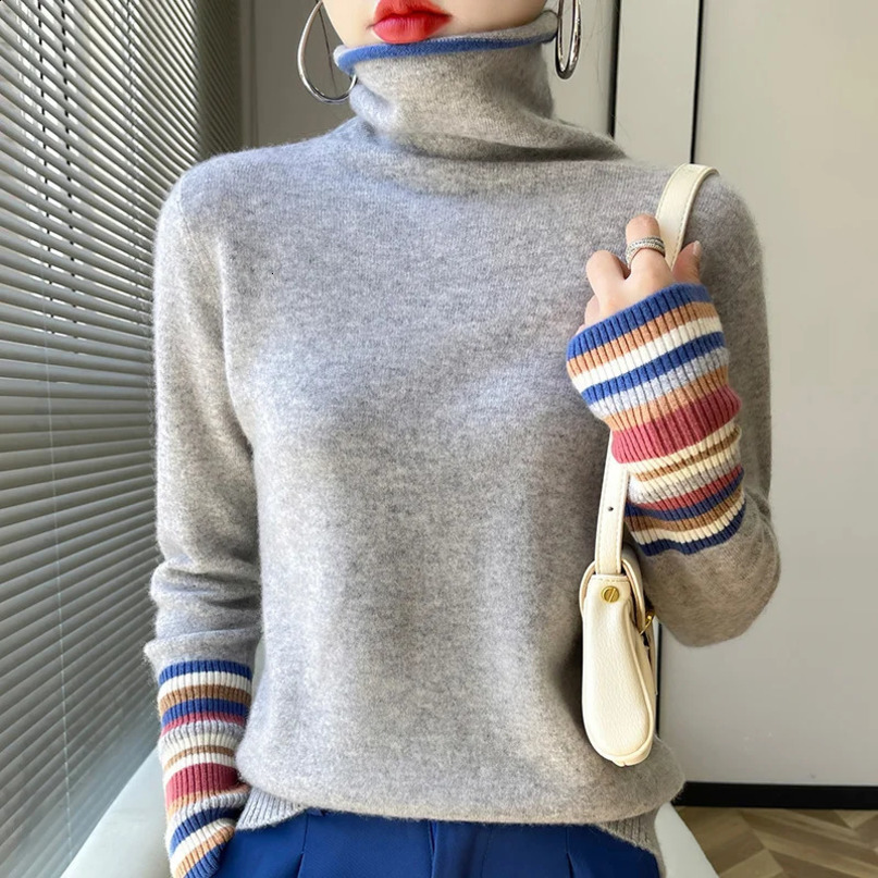 100% Merino Cashmere Sweater Womens Collar Pullover 22Autumn and Winter Knitted Bottoming Shirt Fashion Colorblocking Tops 240730