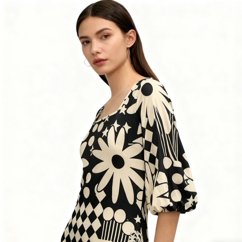 Women's Spring Summer Fashion Vacation Floral Printed Square Neck Midi Dress, Milk Silk Casual Dress-CF52807