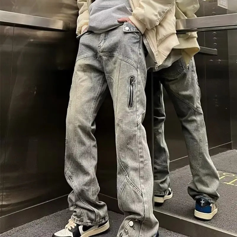 High Street American retro jeans with loose fit for men and women zipper slack 250402