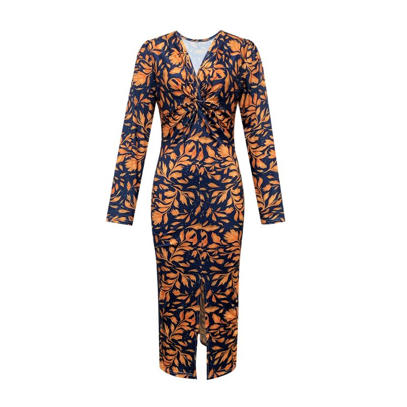 Women's Autumn Winter Fashion Vacation Plant Printed Split Long - Sleeve Midi Dress, Milk Silk Casual Dress-CF55140