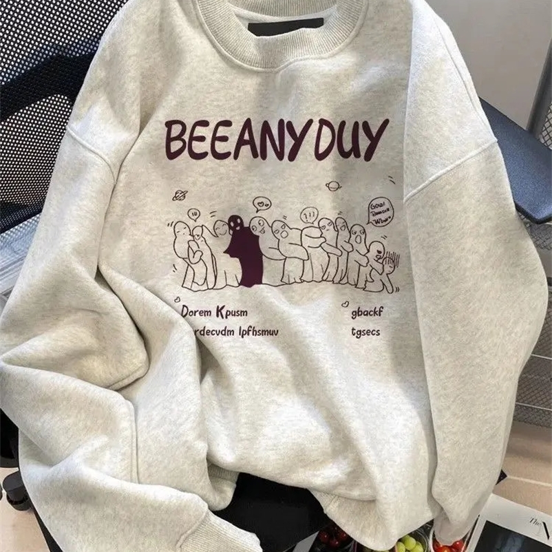 Winter American retro cartoon print round neck sweatshirt fashionable Korean street y2k personality simple loose sports hoodie 240117