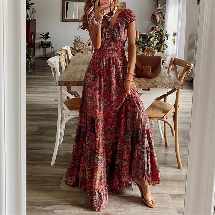 2024 New Bohemian Style Waist-Cinching Long Dress with Printed Flared Hem for Women
