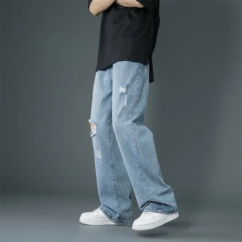 Spring/Summer Thin Tear Jeans Korean Street Fashion Loose Cowboy Trouser Bag Casual Pants S108 241203