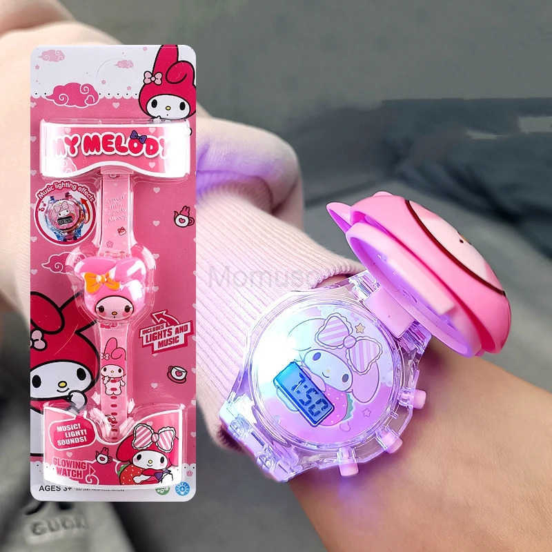 Sanrio Kuromi My Melody Kawaii Lighting Music Flip Watch Luminescent Electron Toys Creative Jewelry A Birthday Gift for Girl Boy L250925