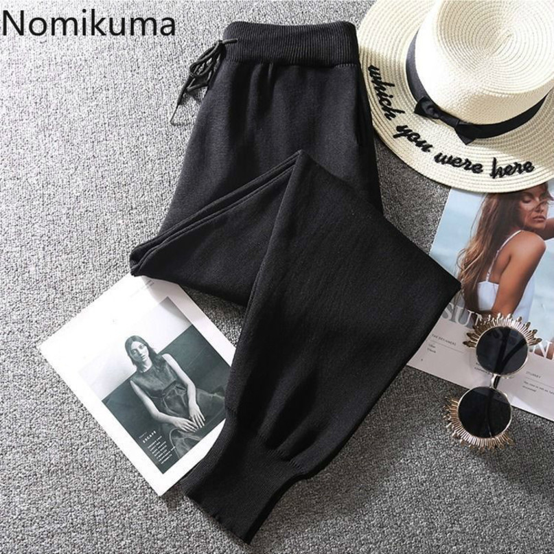 Nomikuma Autumn Winter Sweater Pants Lace Up Stretch High Waist Ankle Trousers Korea Causal Solid Women Sweater Pants 6D023 210427
