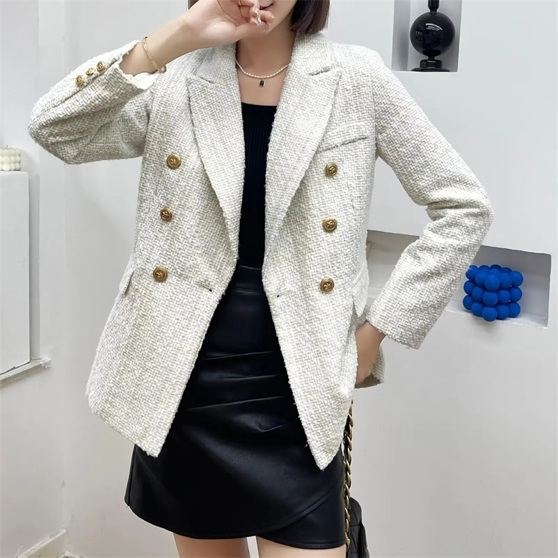 Women Fashion Double Breasted Tweed Check Blazer Coat Vintage Long Sleeve Pockets Female Outerwear Chic 240229