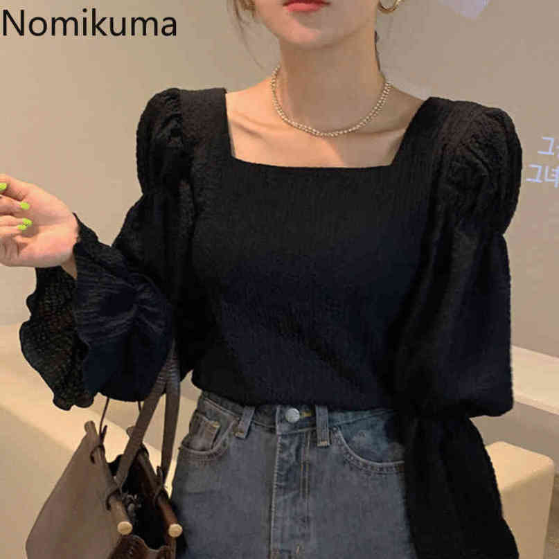 Nomikuma Vintage Square Collar Women Blouse Pleated Flare Long Sleeve Causal Top Shirts Autumn New Blusas Mujer 6C765 210427