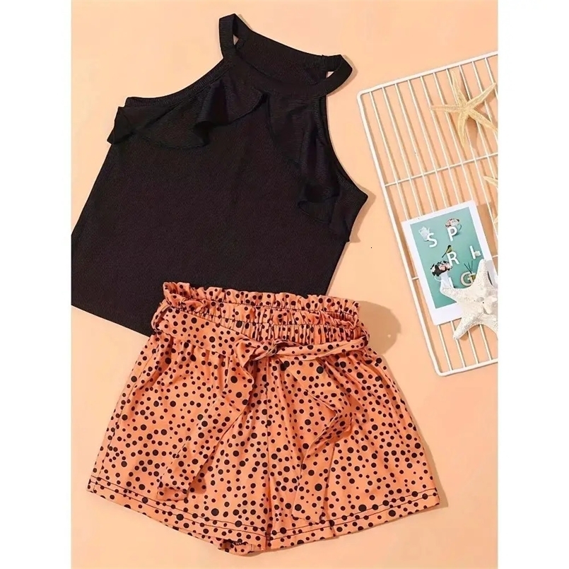 2PCS Girls Trendy Outfit Halter Neck Camisole Polka Dots Pattern Shorts Set Kids Clothes For Summer kids clothes 250314
