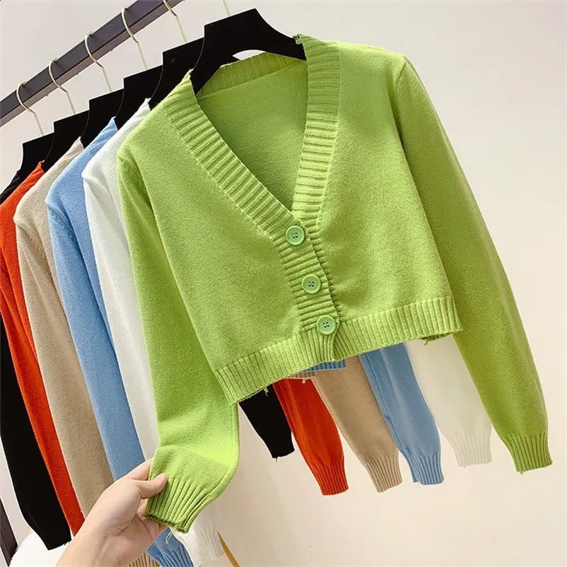 Women's Knits Tees Knitted Cropped Cardigan Women Korean Short Sweater Long sleeve Crop Top V neck Fashion Y2k Clothes Green Blue 230224