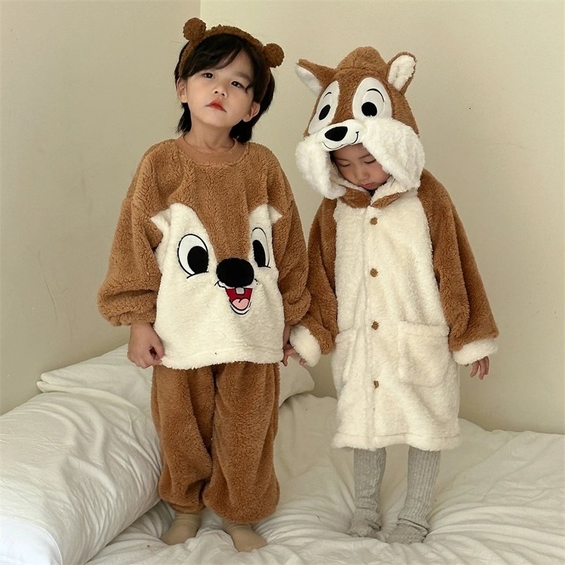 Autumn Winter Childrens Boys Pajamas Long Haired Flannel Coral Childrens Girls Nightgowns 1-10 Years Baby 2PCS Home Clothes Set 241014