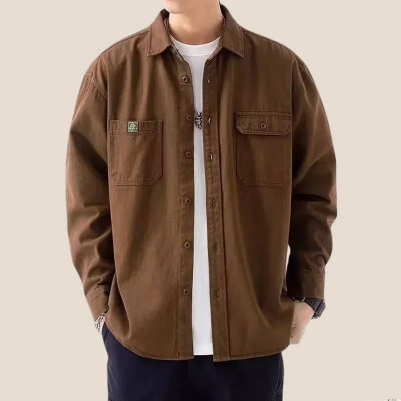 Mens Spring and Autumn Solid Color Button Pocket Shirt Long Sleeve Open Collar Casual Coat Fashion Collar Top 250402