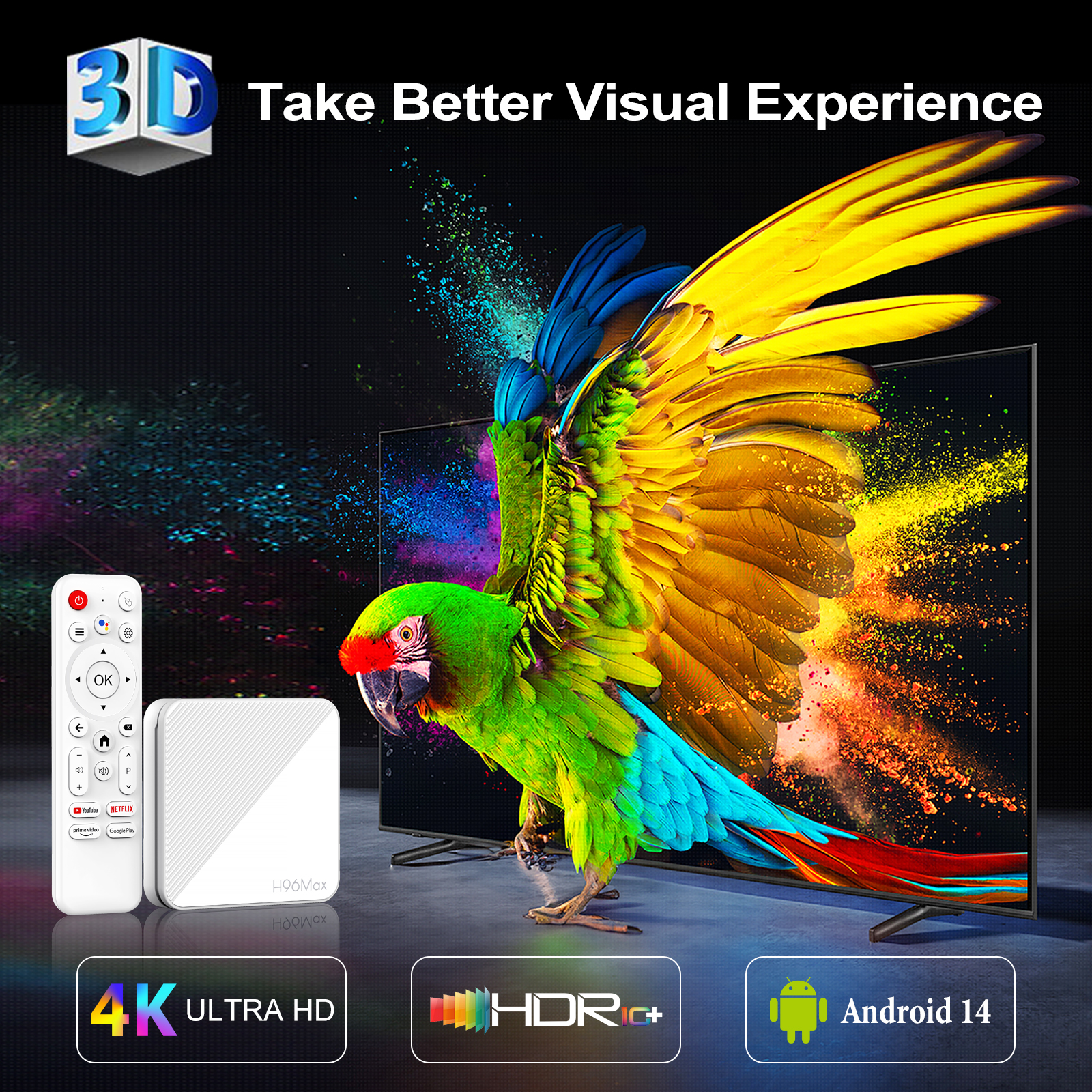 4K Android 14.0 TV Box, H96 MAX-2 Quad Core 8/16GB ROM 2GB RAM with BT5.0 WiFi6 H313, Fast Streaming Media Player for HD Video & Games - KOWANKIT
