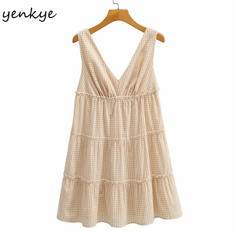 YENKYE Vintage Plaid Dress Women V Neck Sleeveless Tank Summer Casual Dress Female Short Vestido 210515