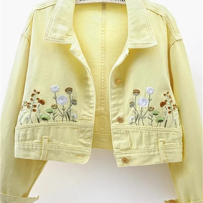 Fashion floral embroidery crop denim jacket womens lapel long sleeved single chest denim jacket retro streetwear womens jacket 250317