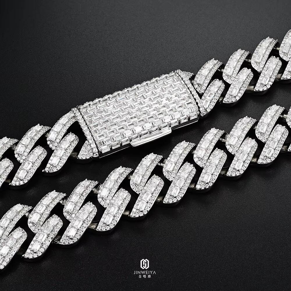 Best Quality 20MM Cuban Link Chains with Baguette Moissanite Diamond and Sterling Silver Hiphop Jewelrys Moissanite Necklaces