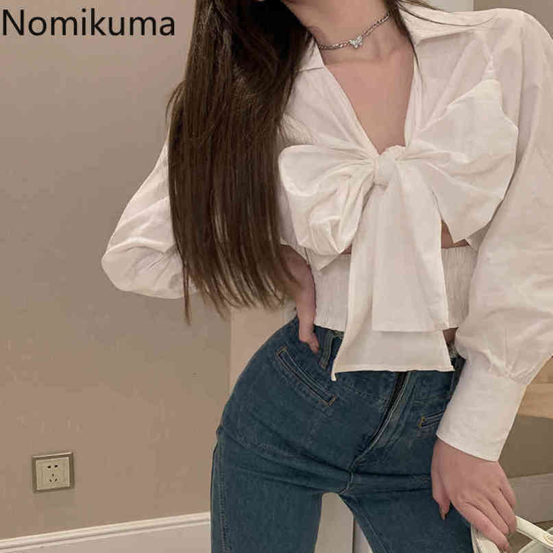 Nomikuma Korean Sweet Bow Tie Short Blouse Puff Long Sleeve V-neck Women Shirts Autumn New Slim Waist Blusas Mujer 6C808 210427